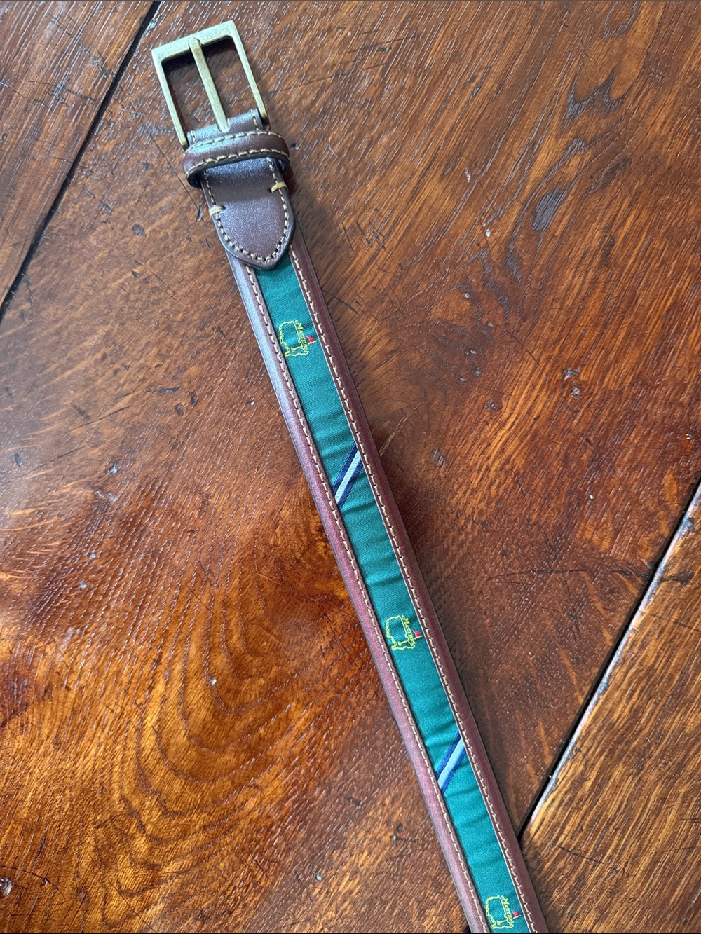 Youth Masters Brown Leather-Trim Green Ribbon Belt